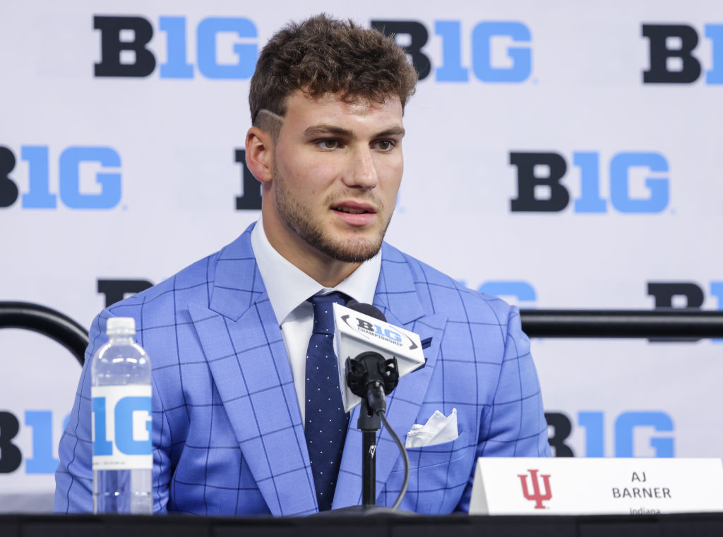 AJ Barner of the Indiana Hoosiers speaks during the 2022 Big Ten Conference Football Media Days at Lucas Oil Stadium in Indianapolis, Indiana. 